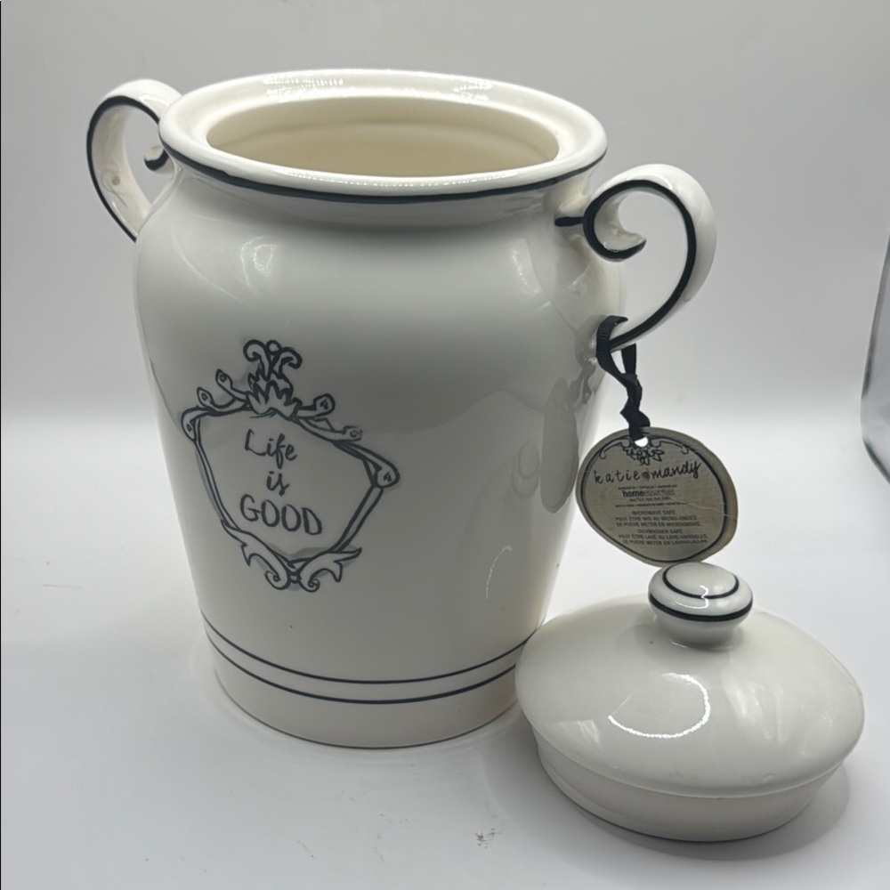 Anthropologie~Katie/Mandy "Life Is Good” 8.5”Small Canister~Blk  Scroll Handled